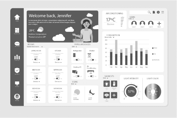 تصویر سیاه سفید داشبورد مدیریت خانه هوشمند